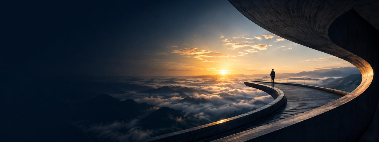 A lone figure on a curved elevated walkway above a sea of clouds at sunrise